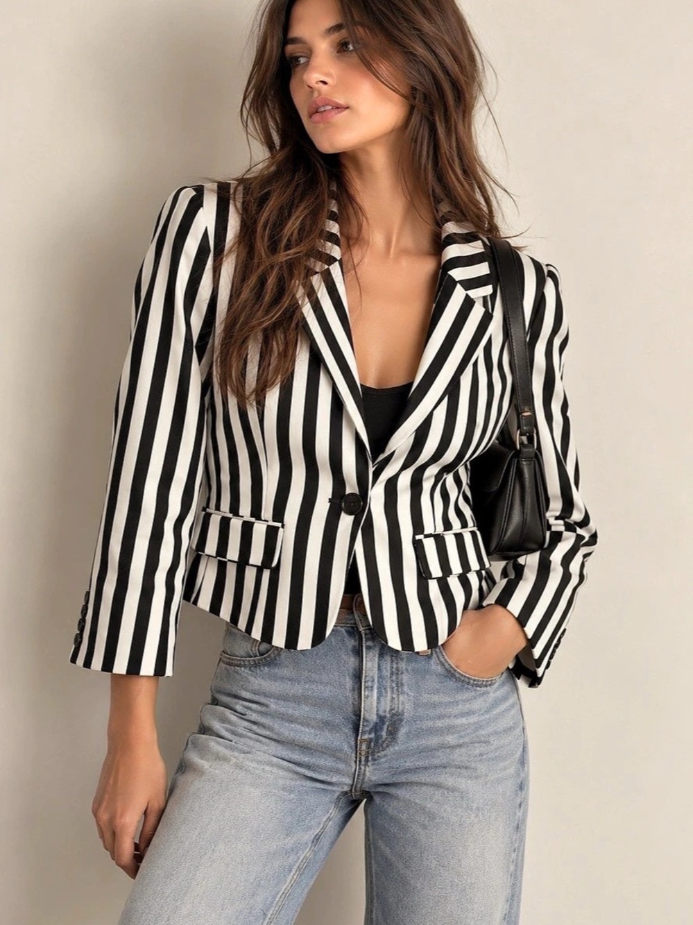 Forever 21 Black and White Striped Cropped Blazer Size Large